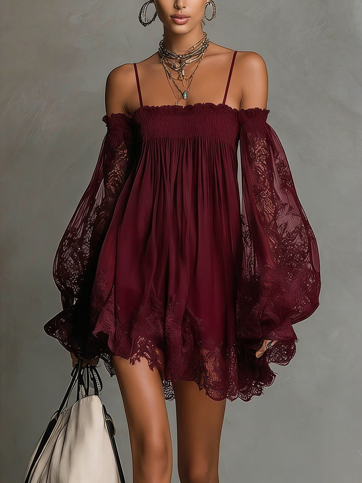 Noemi - Mini dress in navy blue chiffon with off-the-shoulder neckline, lace trim, and sheer sleeves