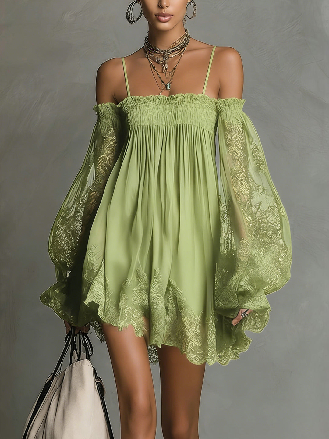 Noemi - Mini dress in navy blue chiffon with off-the-shoulder neckline, lace trim, and sheer sleeves