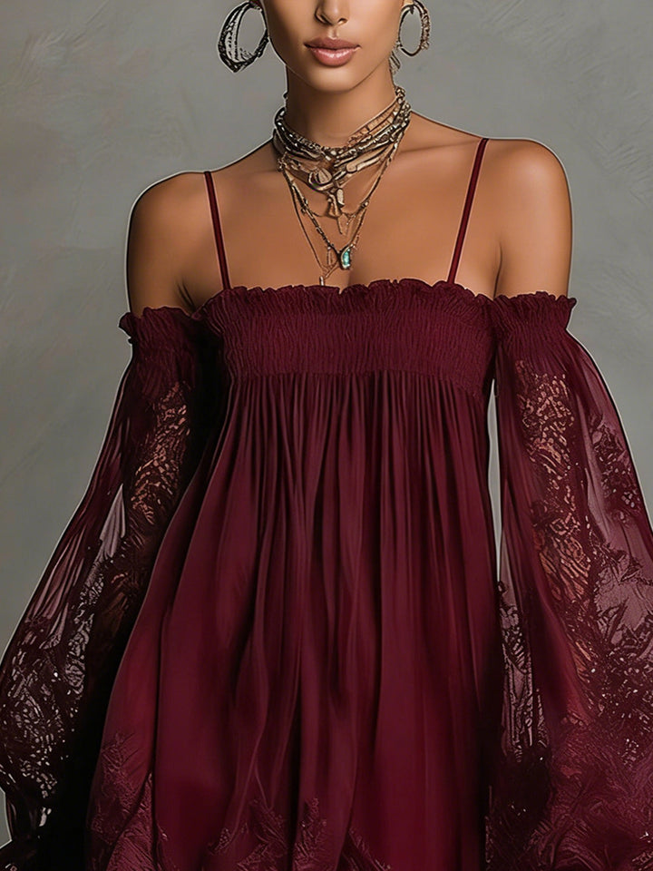 Noemi - Mini dress in navy blue chiffon with off-the-shoulder neckline, lace trim, and sheer sleeves