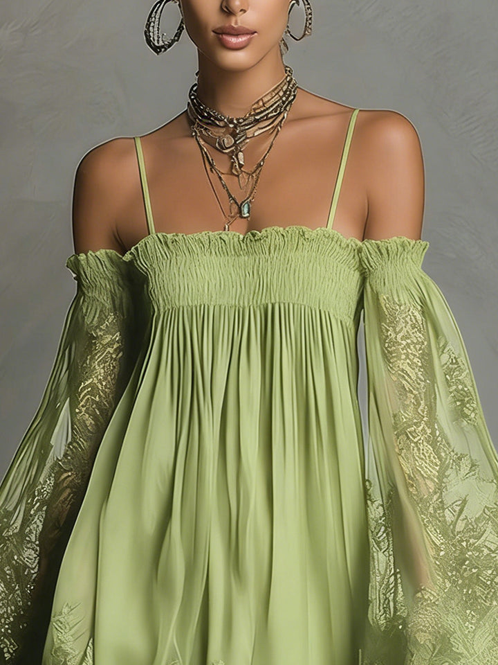 Noemi - Mini dress in navy blue chiffon with off-the-shoulder neckline, lace trim, and sheer sleeves
