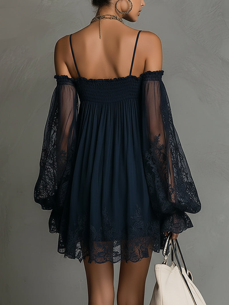 Noemi - Mini dress in navy blue chiffon with off-the-shoulder neckline, lace trim, and sheer sleeves