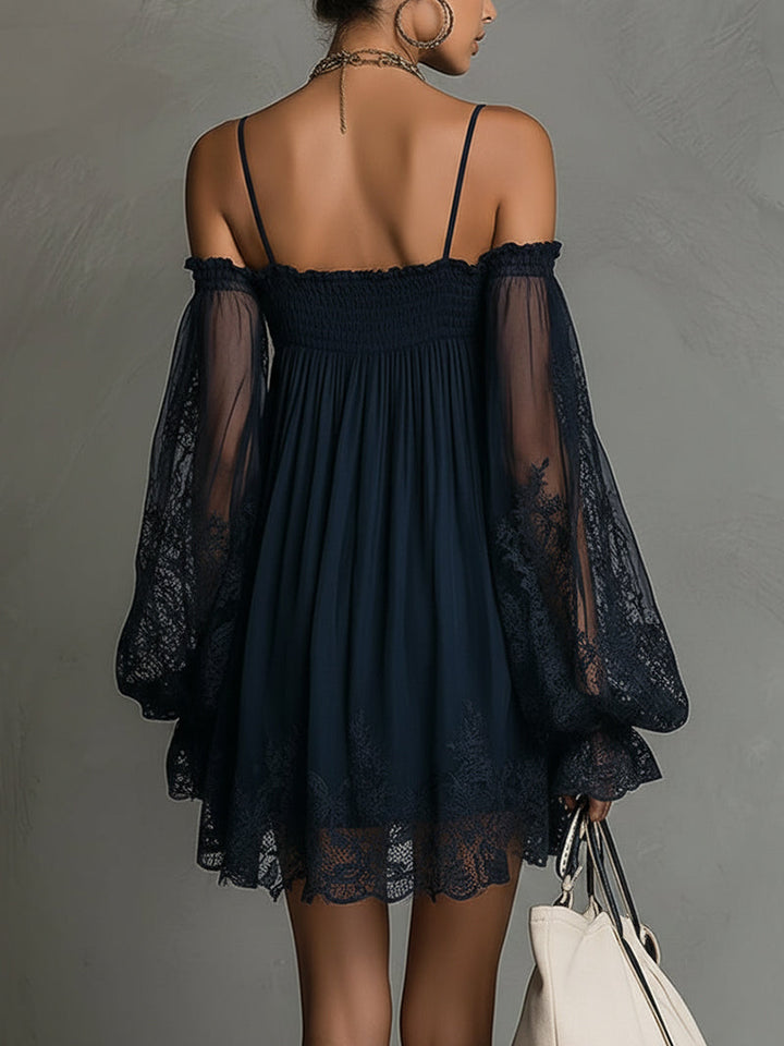 Noemi - Mini dress in navy blue chiffon with off-the-shoulder neckline, lace trim, and sheer sleeves