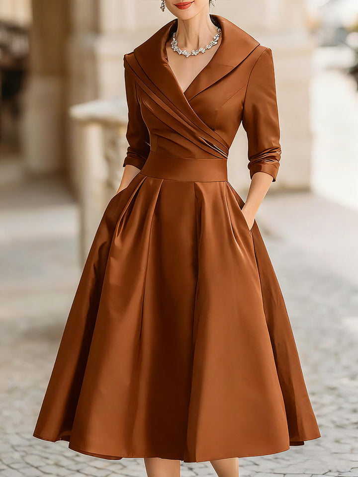 Vintage-Inspired Satin Midi Dress With Draped Collar – Monaco Lane