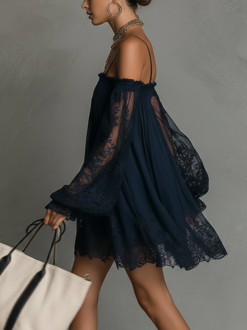 Noemi - Mini dress in navy blue chiffon with off-the-shoulder neckline, lace trim, and sheer sleeves