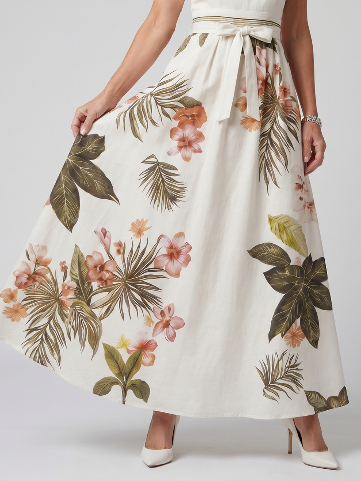Meadow Draped Halter Botanical Panel Maxi Dress