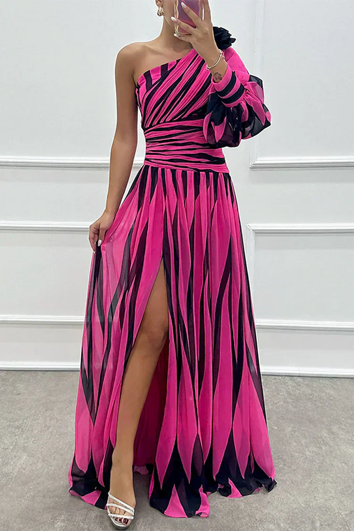 Hazel | Elegant Striped Maxi Dress with One Shoulder