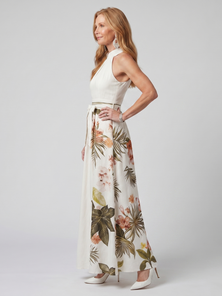 Meadow Draped Halter Botanical Panel Maxi Dress