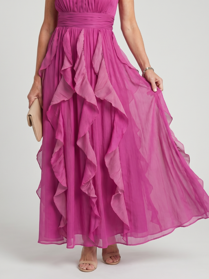 Orea High Neck Gathered Ruffle Layers Maxi Dress