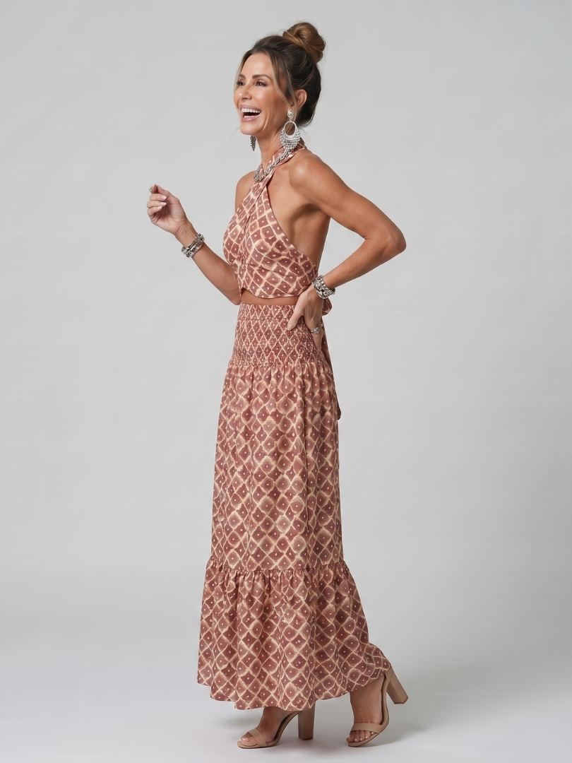 Amira Cross Halter Geometric Print Cutout Midi Dress