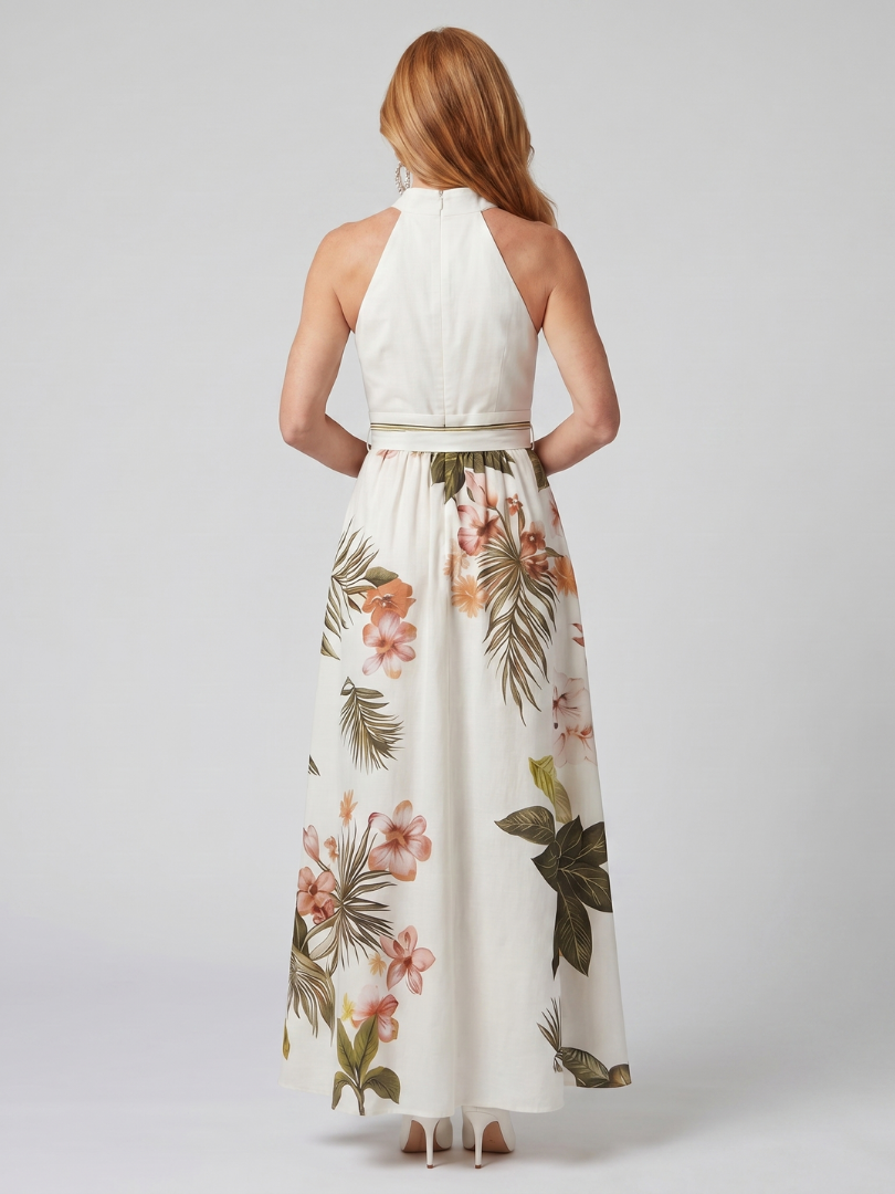 Meadow Draped Halter Botanical Panel Maxi Dress