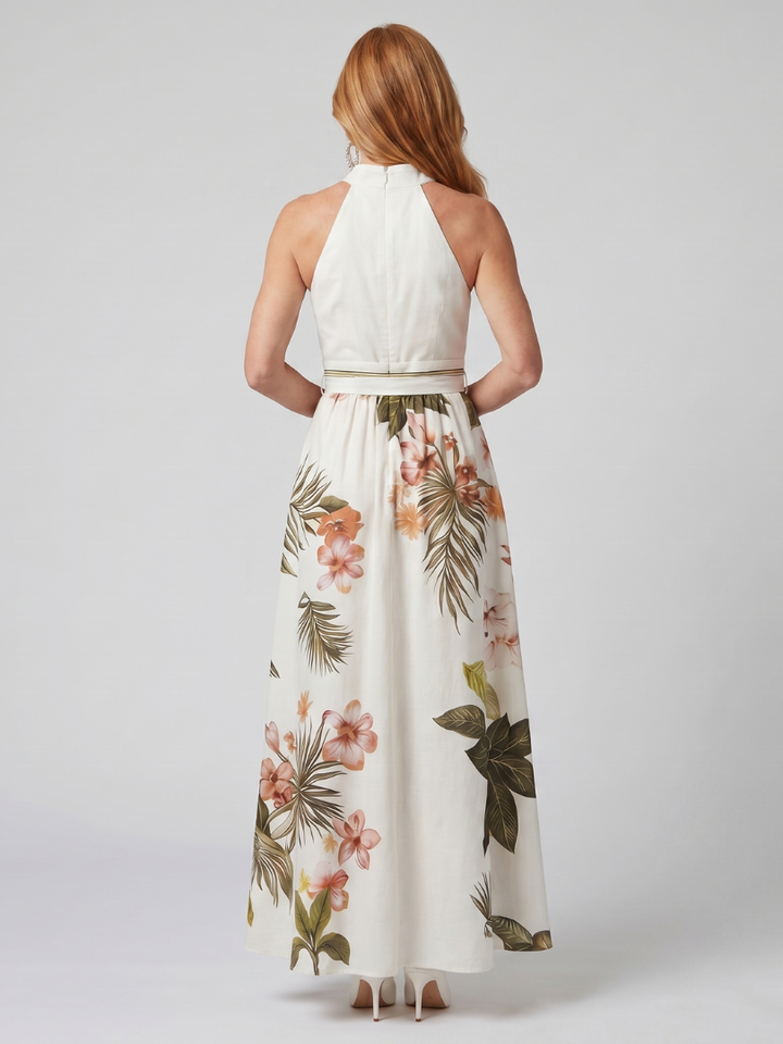Meadow Draped Halter Botanical Panel Maxi Dress