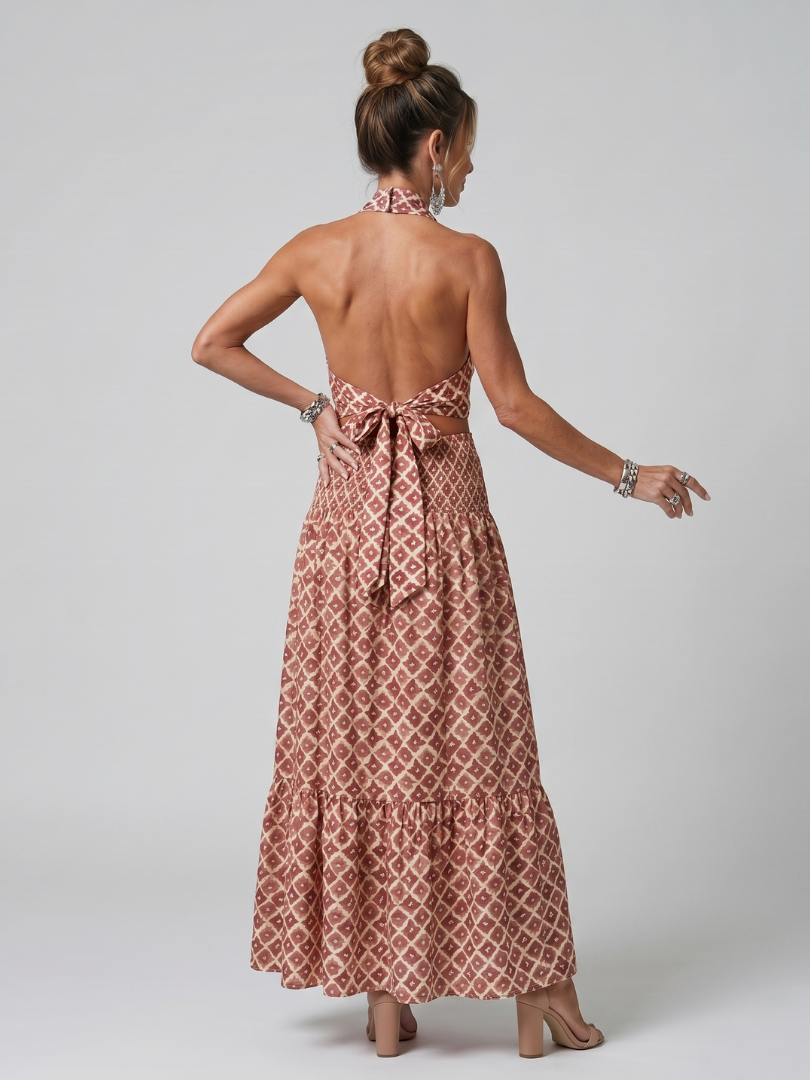 Amira Cross Halter Geometric Print Cutout Midi Dress