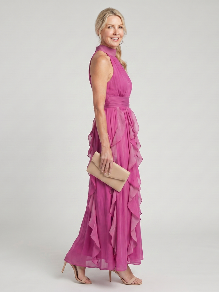 Orea High Neck Gathered Ruffle Layers Maxi Dress