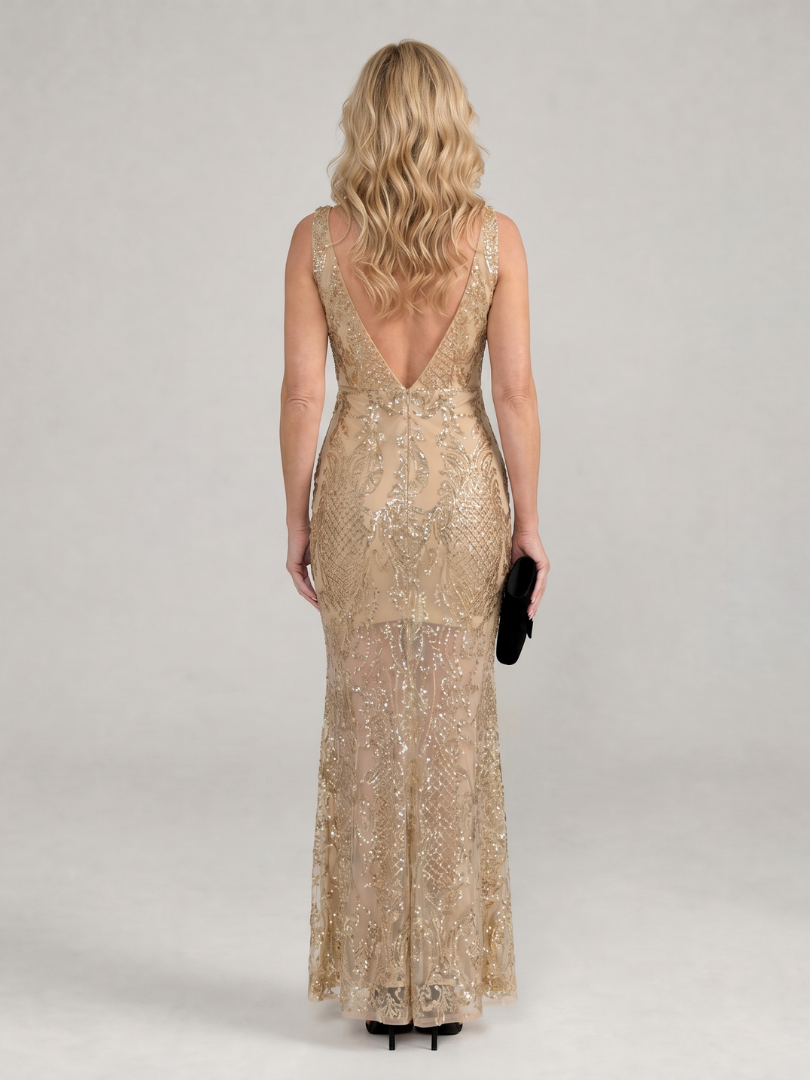 Sirea Sequin Sleeveless Sheer Panel Midi Dress