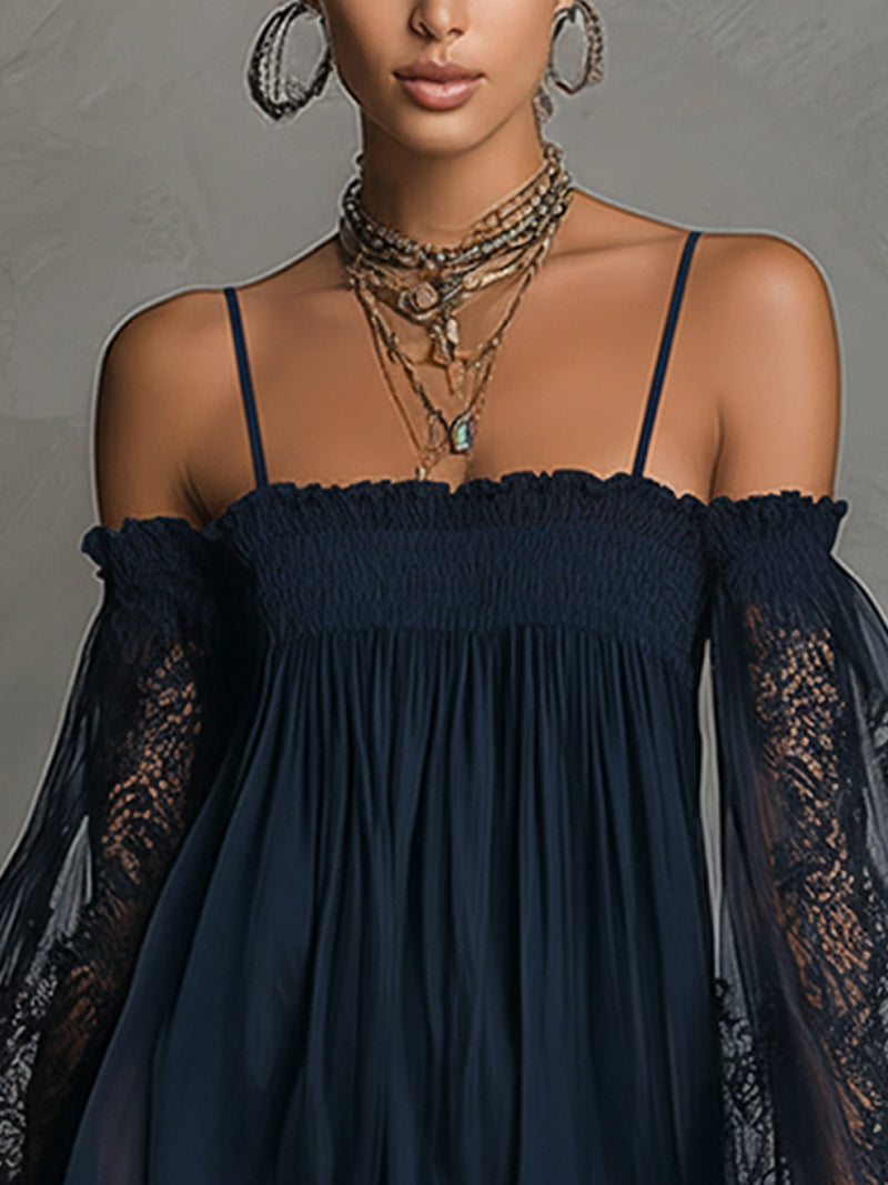 Noemi - Mini dress in navy blue chiffon with off-the-shoulder neckline, lace trim, and sheer sleeves