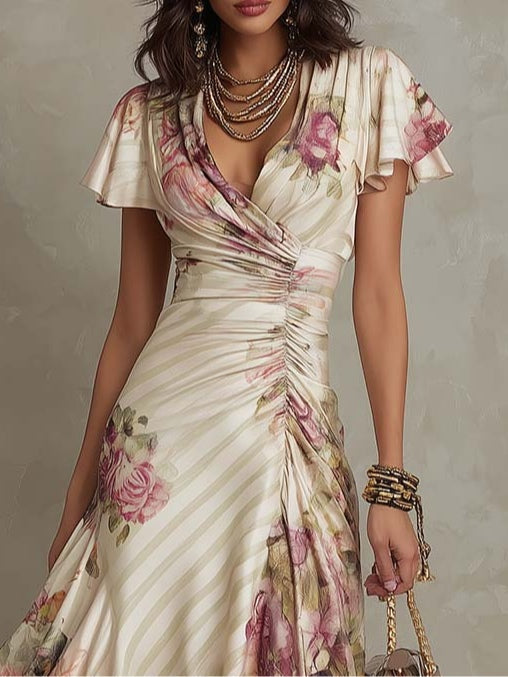 Alba Retro Floral Satin Midi Dress