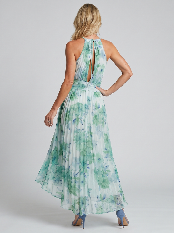 Portia Pleated Halter Soft Floral Pattern Midi Dress