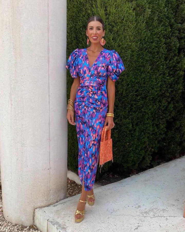 Aurora | Vibrant Midi Dress with Puff Sleeves