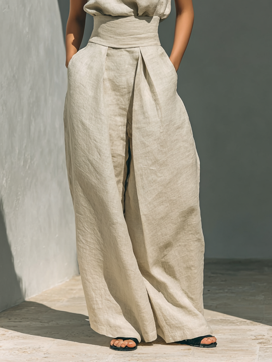 Aurora - Set consisting of a sleeveless beige top in a cotton-linen blend and wide-leg pants