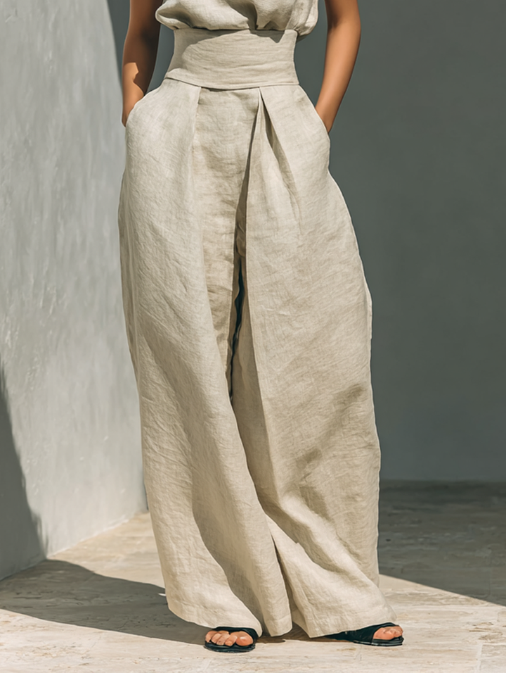 Aurora - Set consisting of a sleeveless beige top in a cotton-linen blend and wide-leg pants