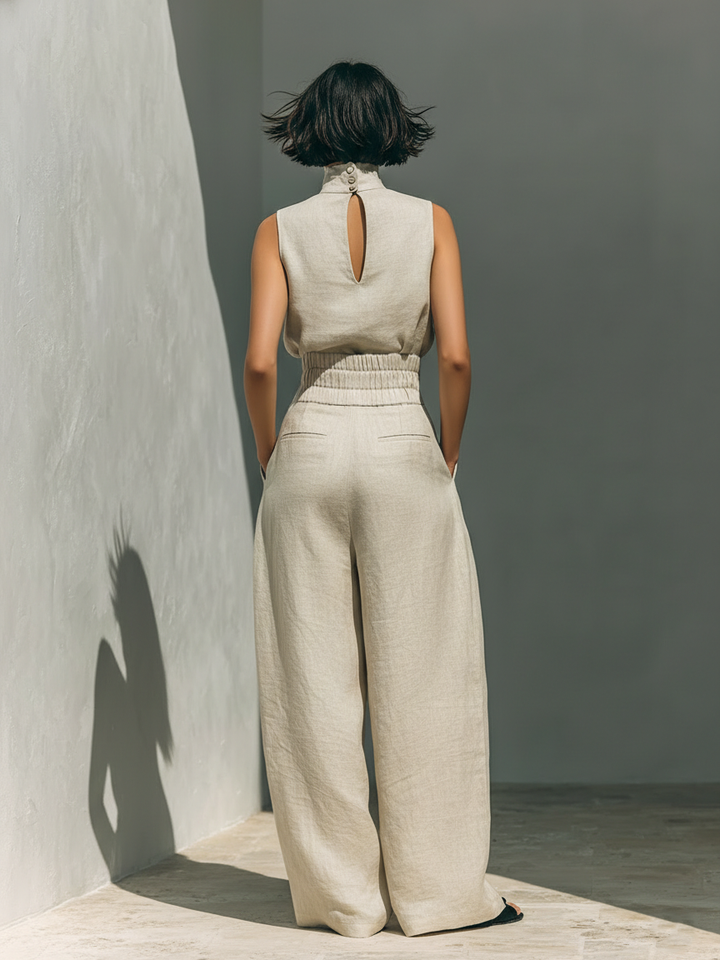 Aurora - Set consisting of a sleeveless beige top in a cotton-linen blend and wide-leg pants
