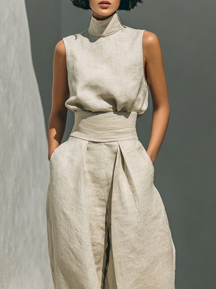 Aurora - Set consisting of a sleeveless beige top in a cotton-linen blend and wide-leg pants