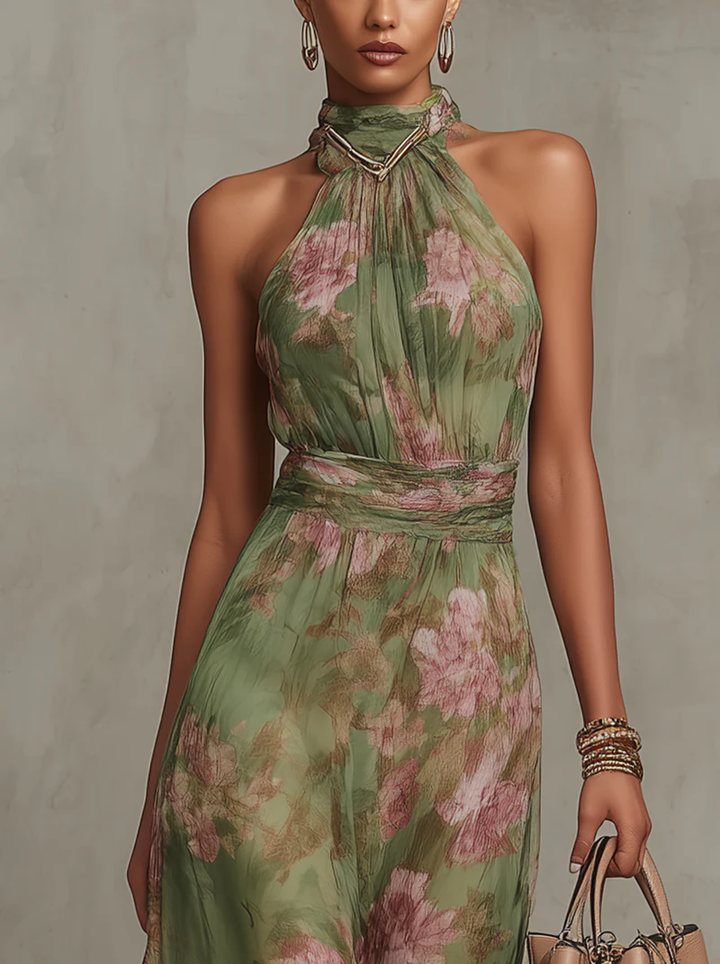 Serena Green Floral Chiffon Halter Maxi Dress