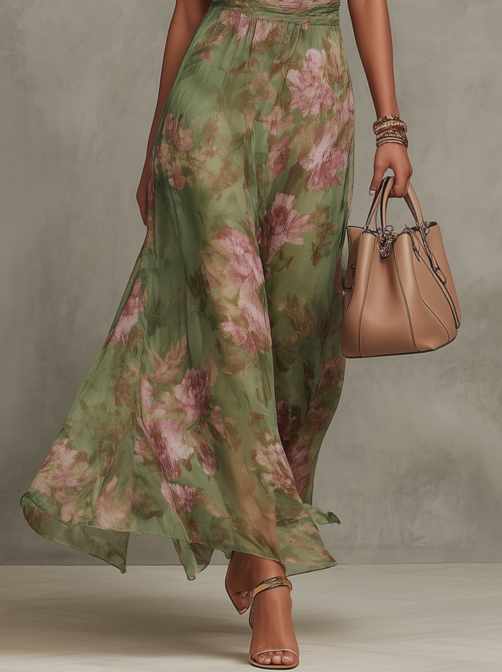 Serena Green Floral Chiffon Halter Maxi Dress