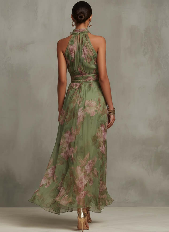 Serena Green Floral Chiffon Halter Maxi Dress