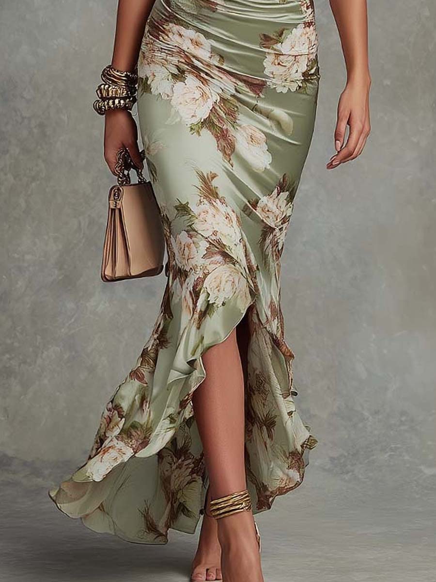 Anna Green Floral Satin Asymmetric Maxi Dress