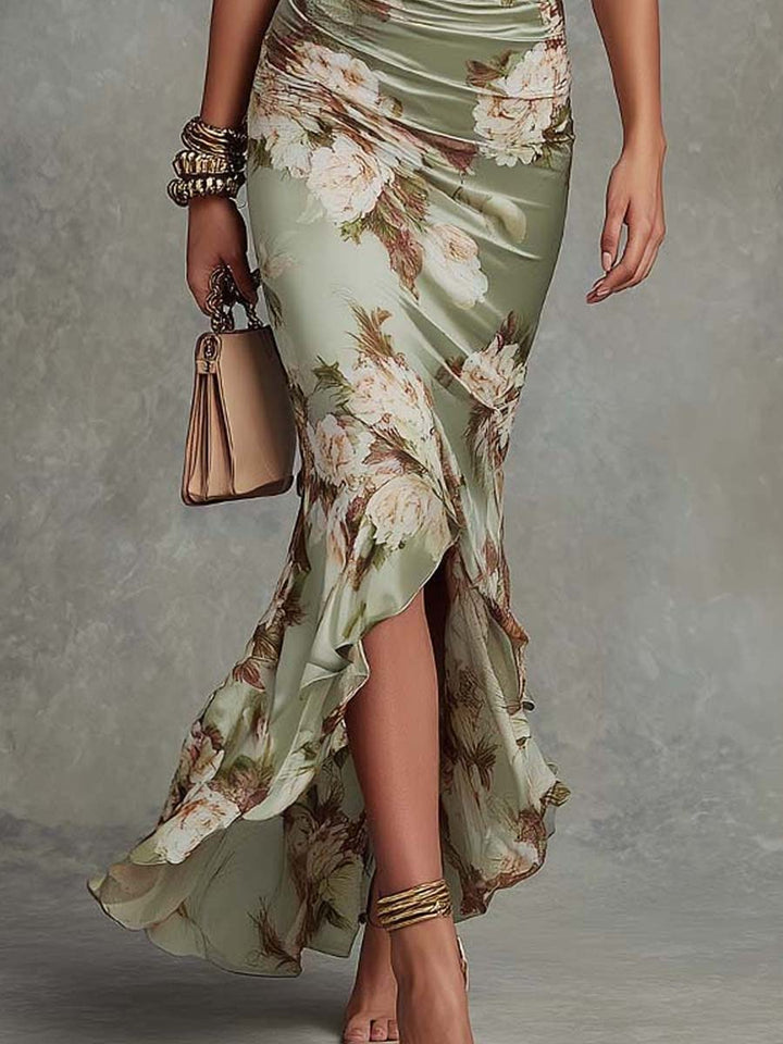 Anna Green Floral Satin Asymmetric Maxi Dress
