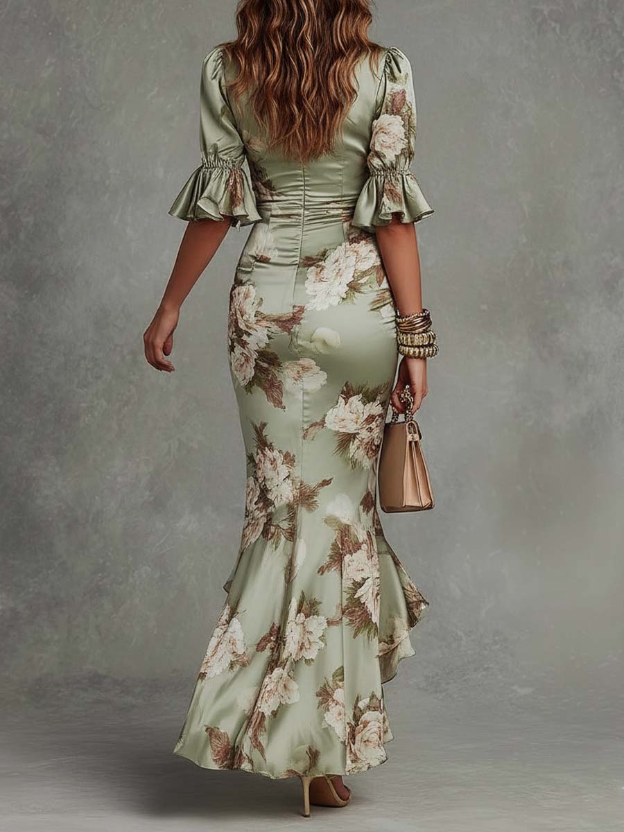 Anna Green Floral Satin Asymmetric Maxi Dress