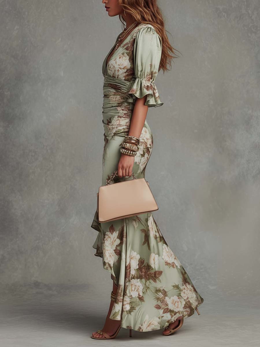 Anna Green Floral Satin Asymmetric Maxi Dress