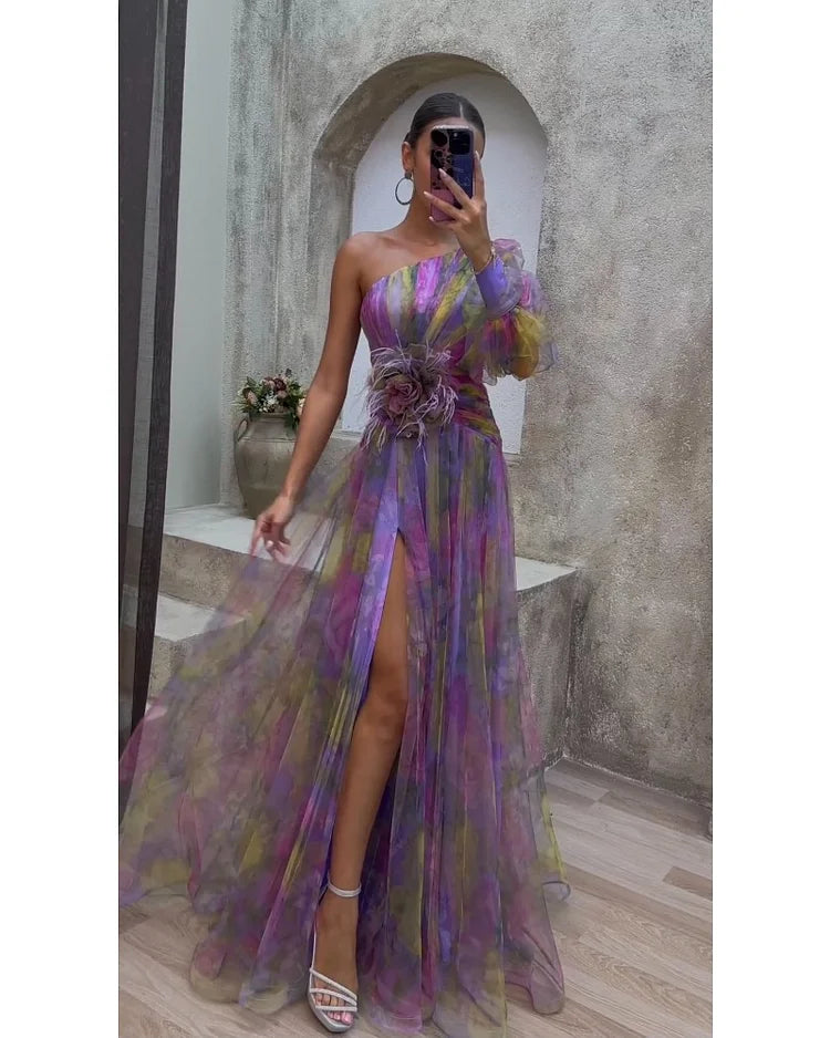 Orit One-Shoulder Asymmetric Slit Dress