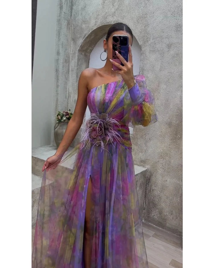 Orit One-Shoulder Asymmetric Slit Dress