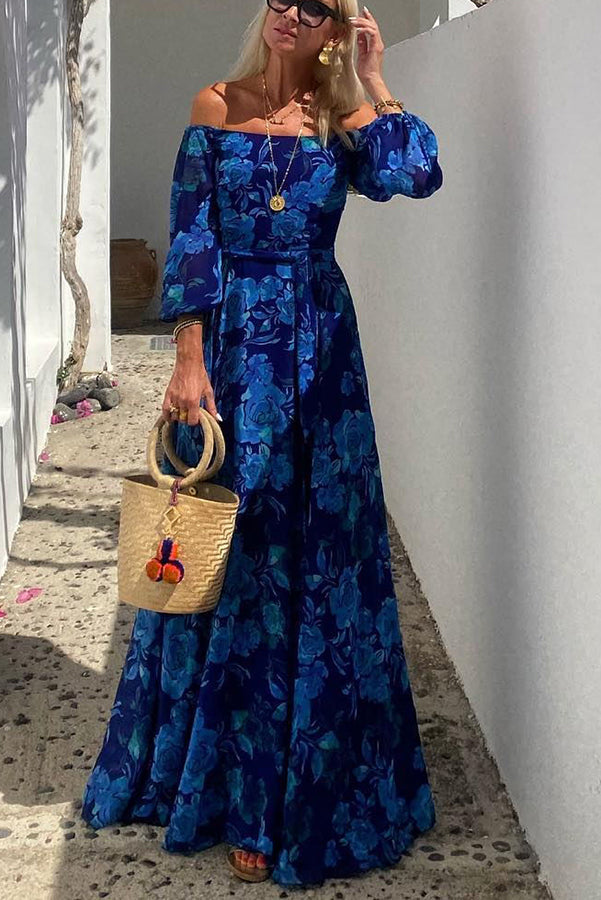 Luna | Long Floral Print Dress with Off-the-Shoulder Sleeves