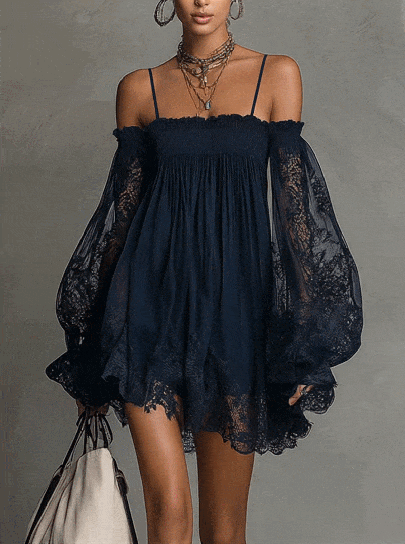 Noemi - Mini dress in navy blue chiffon with off-the-shoulder neckline, lace trim, and sheer sleeves